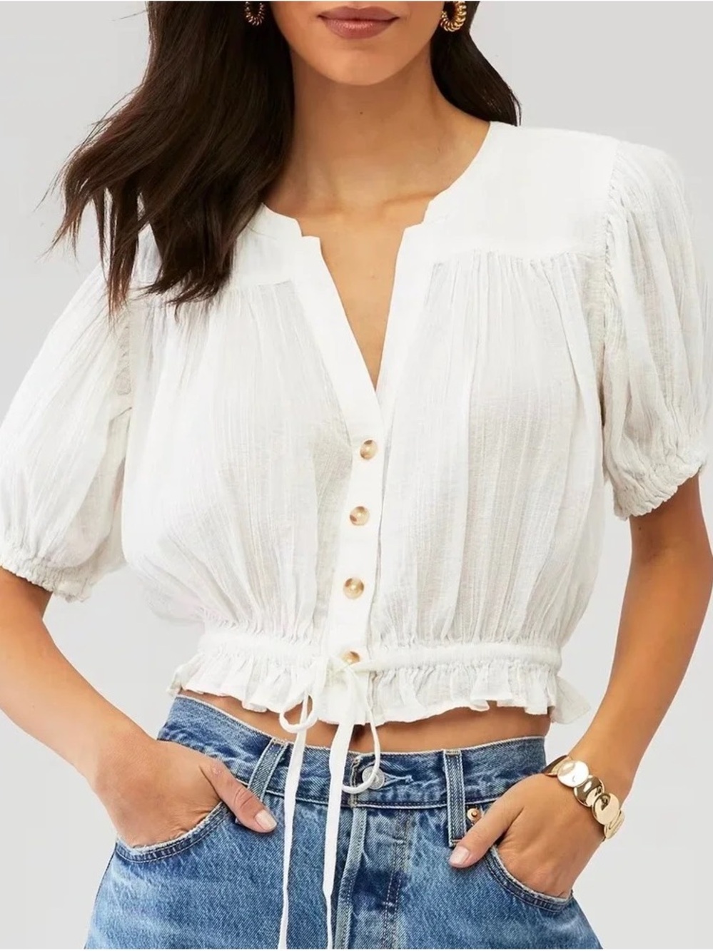 ✨ Free People Little Cloud Button-Up Crop Top - Clean Ivory White - Small